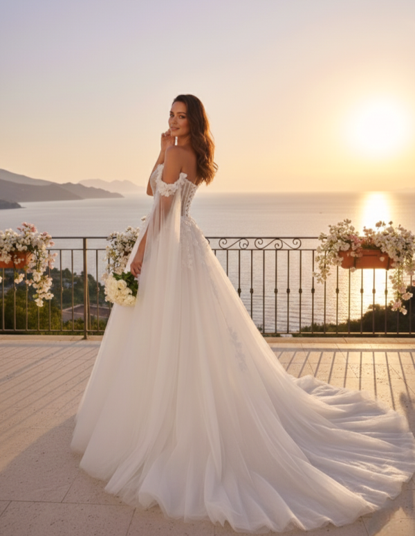 Ezüst csillámló tüll menyasszonyi ruha