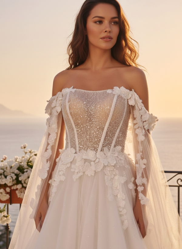 Ezüst csillámló tüll menyasszonyi ruha