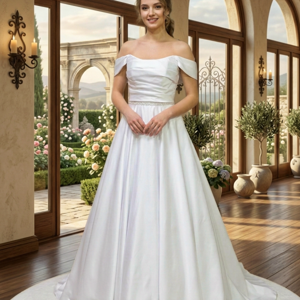 Ejtett vállas szatén menyasszonyi ruha