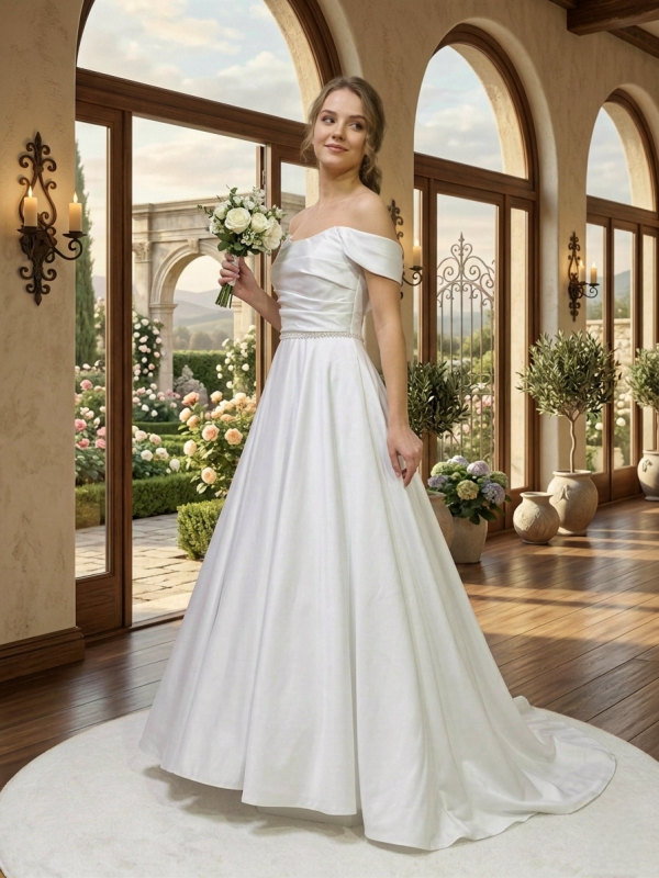 Ejtett vállas szatén menyasszonyi ruha