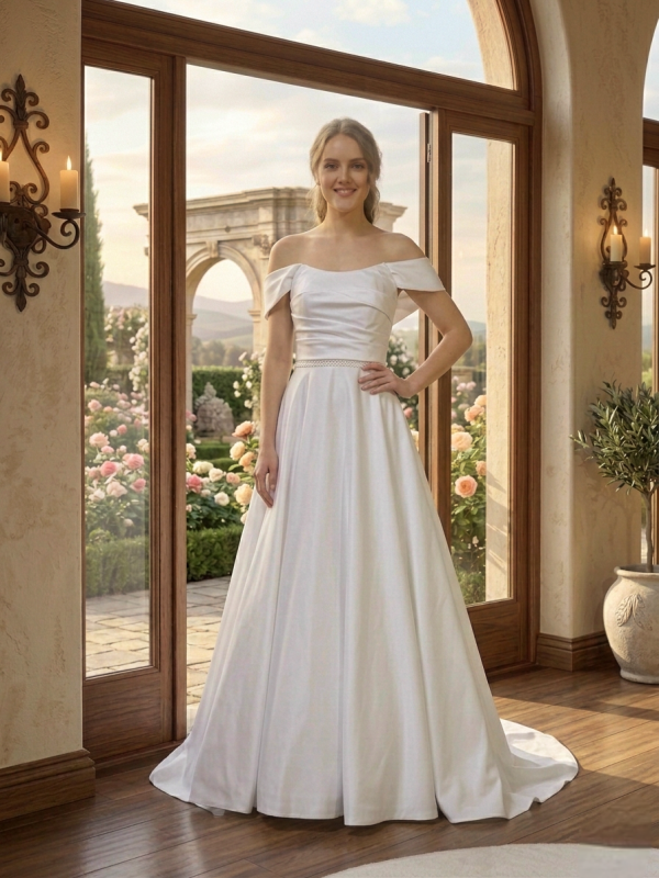 Ejtett vállas szatén menyasszonyi ruha