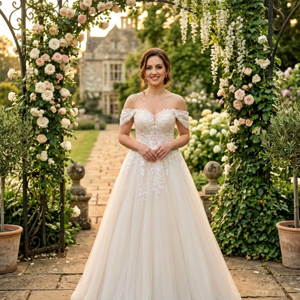 Nude árnyalatú ejtett vállas menyasszonyi ruha