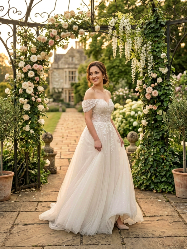 Nude árnyalatú ejtett vállas menyasszonyi ruha