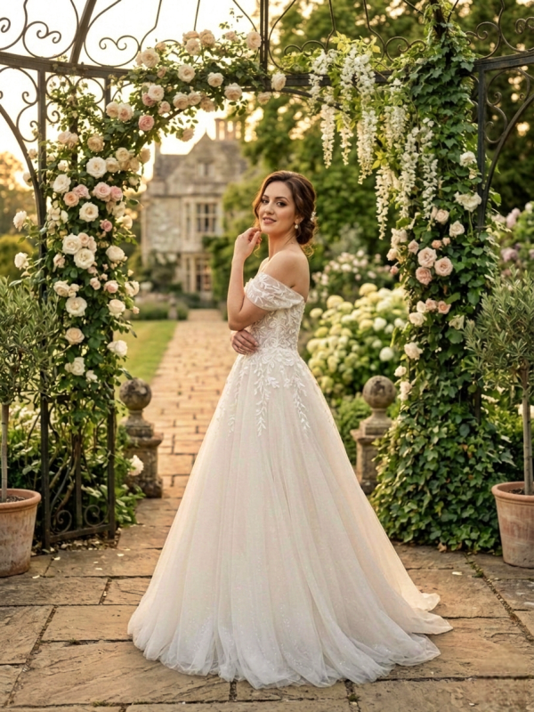 Nude árnyalatú ejtett vállas menyasszonyi ruha