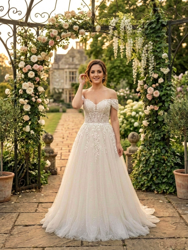 Nude árnyalatú ejtett vállas menyasszonyi ruha