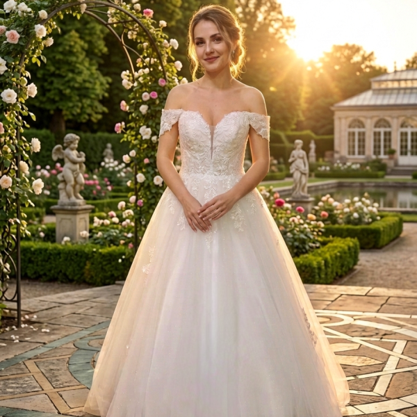 Ejtett vállas csipkés tüll esküvői ruha