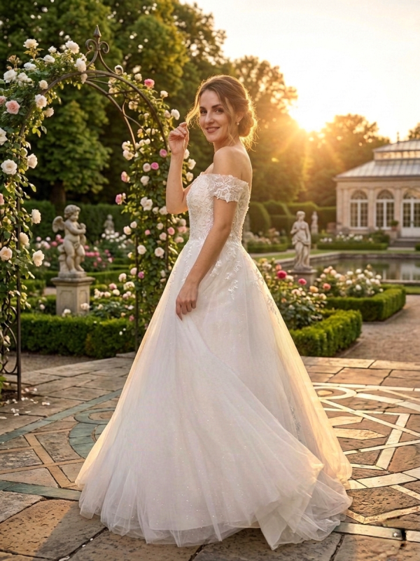 Ejtett vállas csipkés tüll esküvői ruha