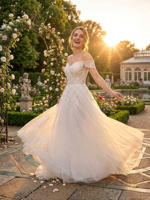Ejtett vállas csipkés tüll esküvői ruha