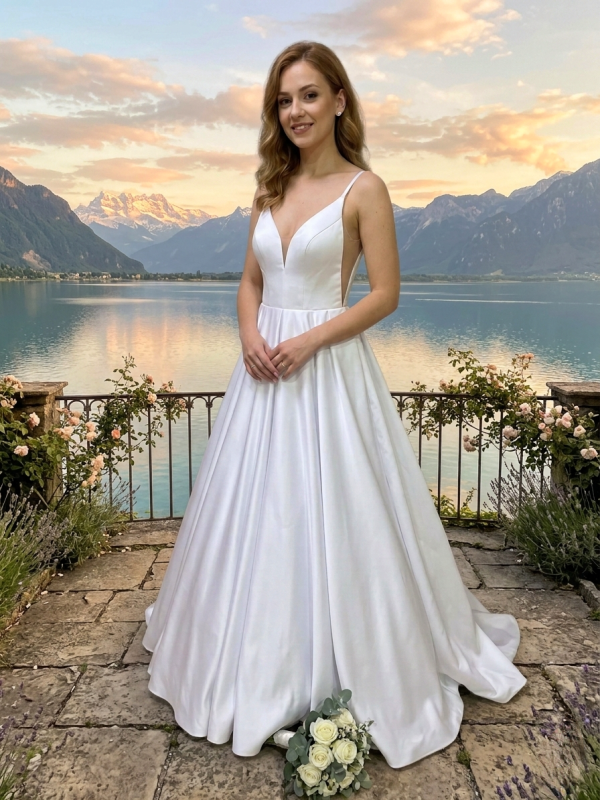 Spagetti pántos szatén menyasszonyi ruha.