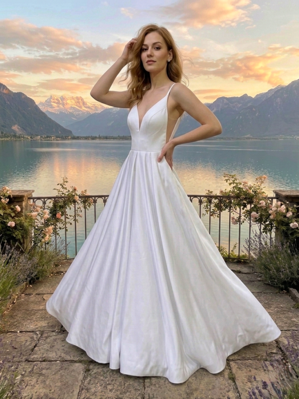 Spagetti pántos szatén menyasszonyi ruha.