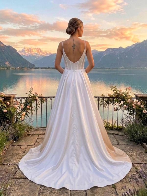 Spagetti pántos szatén menyasszonyi ruha.