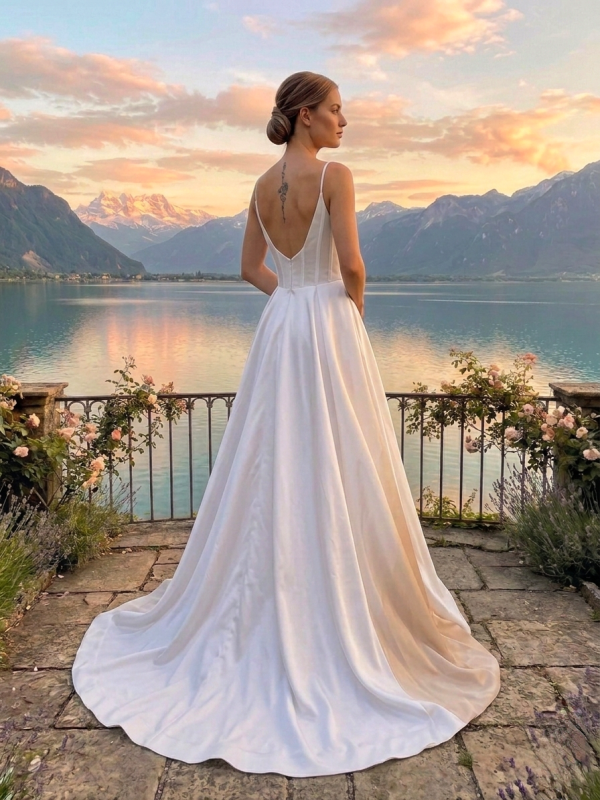 Spagetti pántos szatén menyasszonyi ruha.