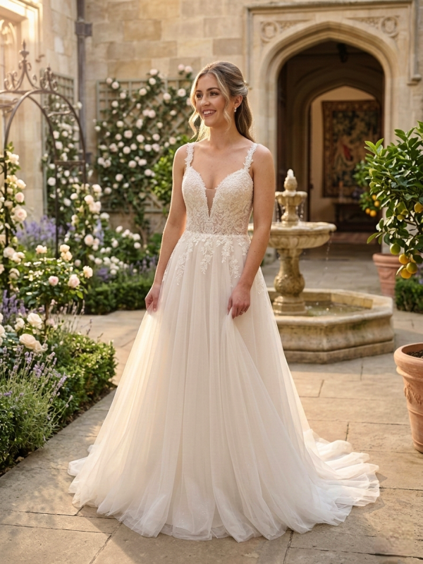 Tört fehér tüll menyasszonyi ruha