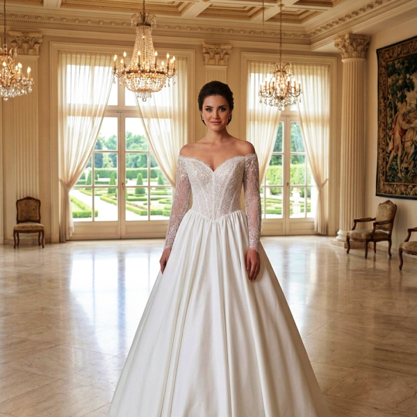 Csipkés Hosszú Ujjú Szatén Menyasszonyi Ruha