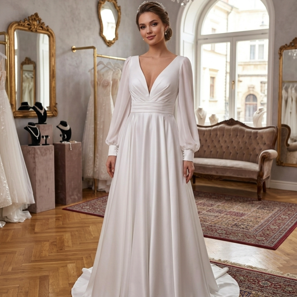 Hosszú ujjas szatén menyasszonyi ruha