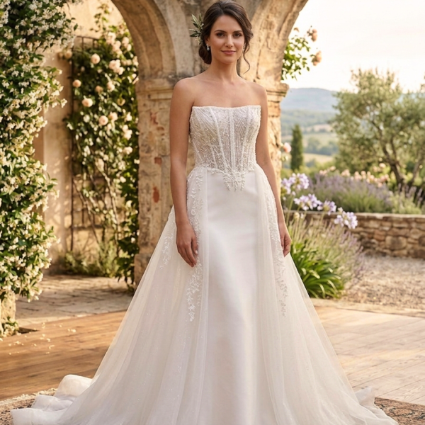 Levehető csillogó túlszoknyás menyasszonyi ruha