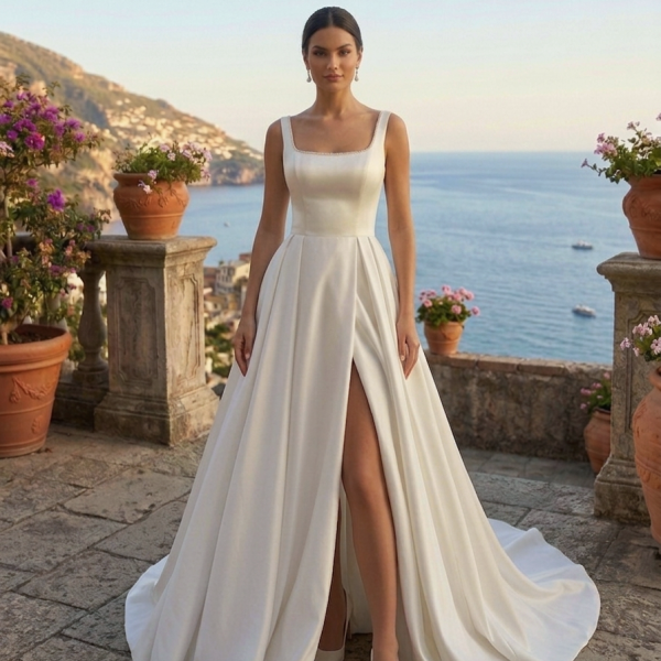 Szögletes Dekoltázsú Szatén Esküvői Ruha