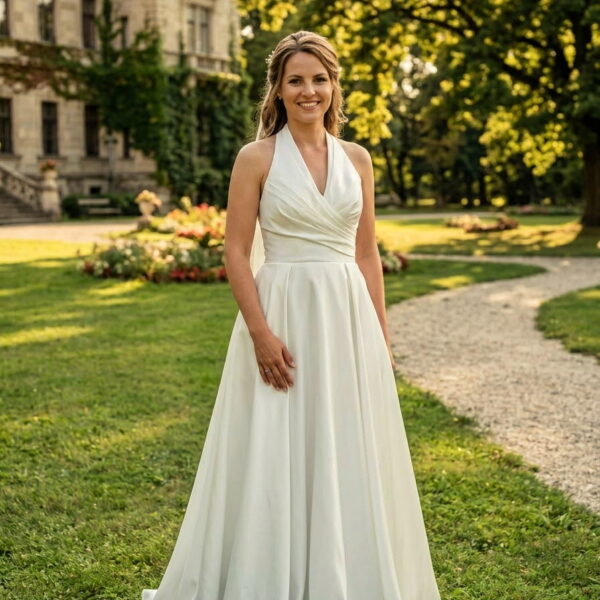 Halter-nyakú elegáns szatén A-vonalú menyasszonyi ruha